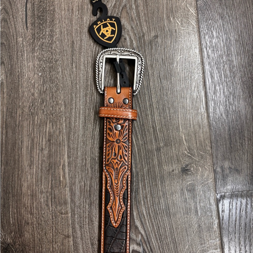Ariat Tan and Brown Leather Belt with Silver Buckle